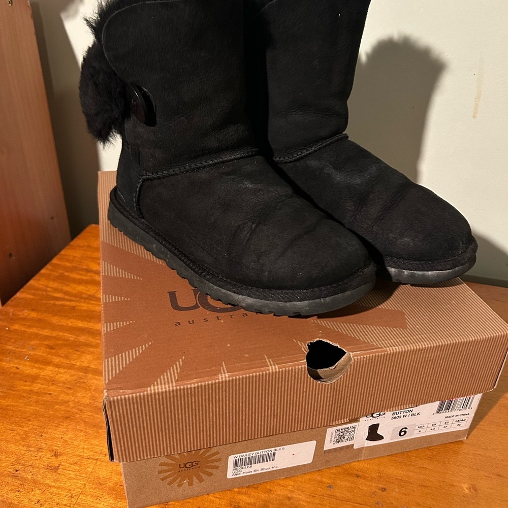 UGG Black Suede Mid-Calf Button Heeled Boots